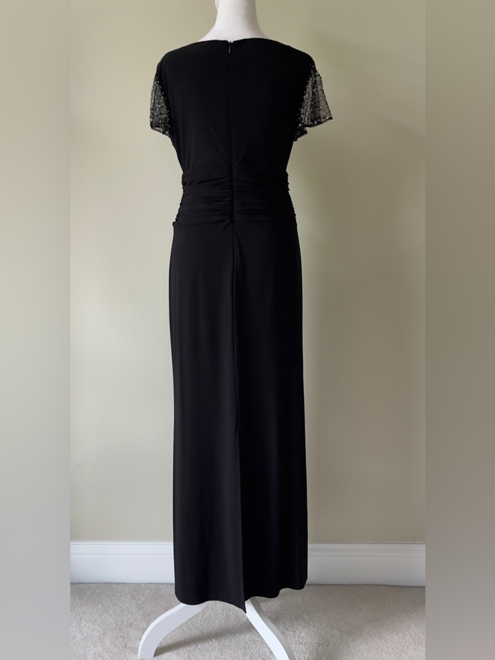 SL Fashion Ruched Beaded Flutter Sleeve Column Black Maxi Dress NWOT Size 10P - Picture 9 of 11